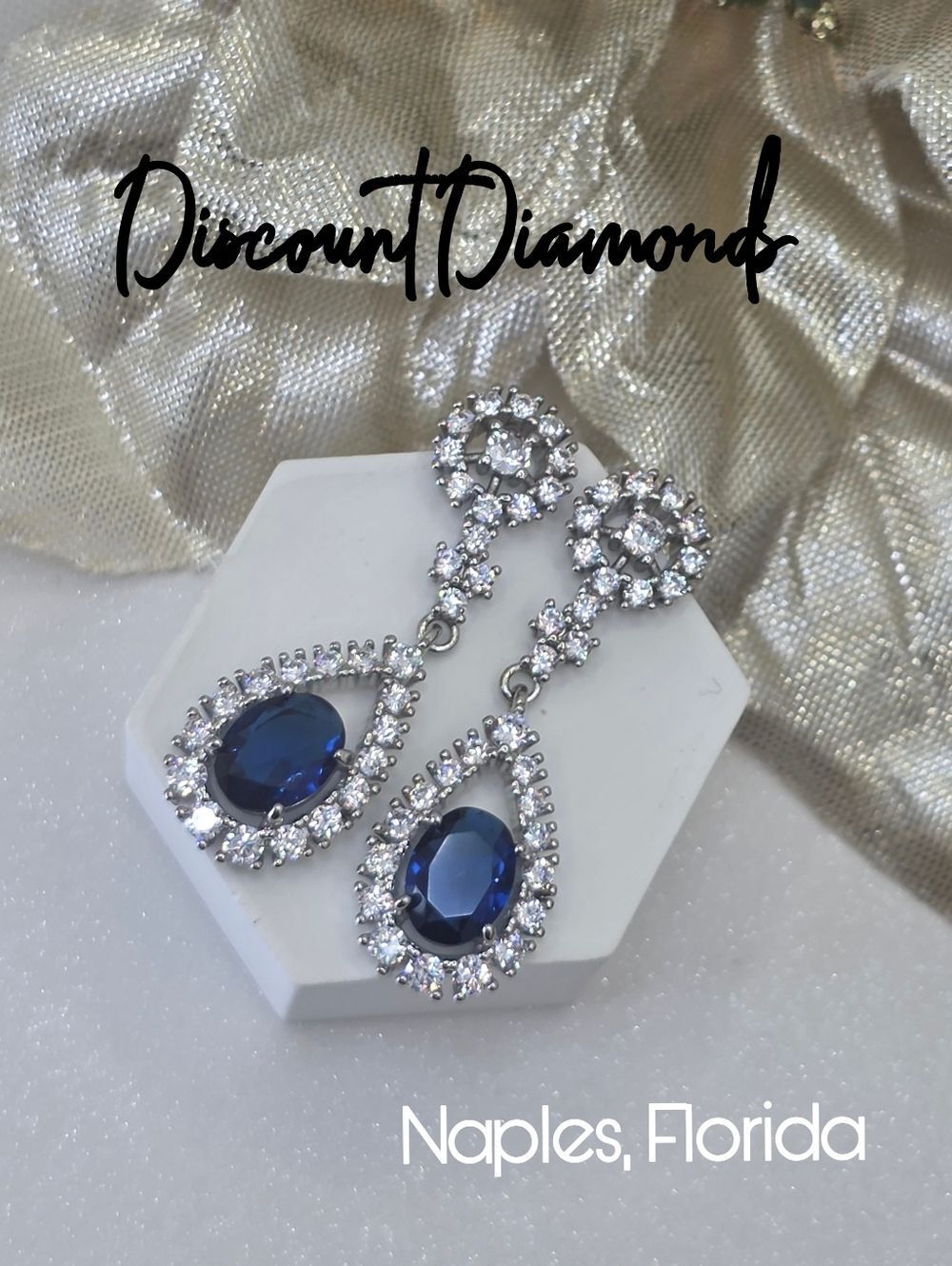 Dark Blue Sapphire & White Baguette Diamond Earrings 925 Sterling Silver Women's